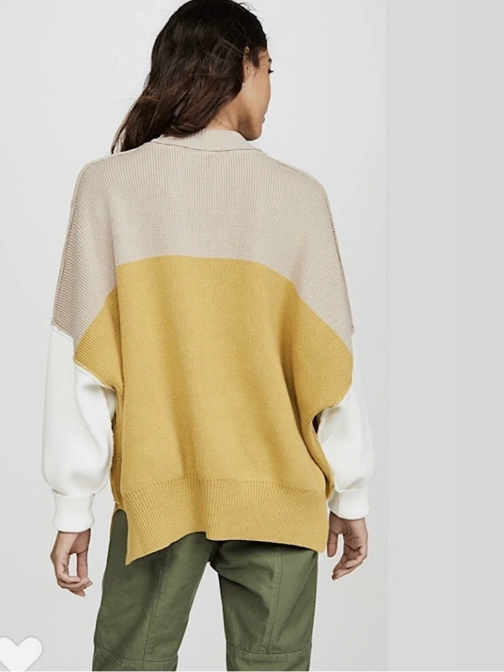 Free People Colorblock Crewneck Sweater Mustard Taupe White Sz M Oversized Chic